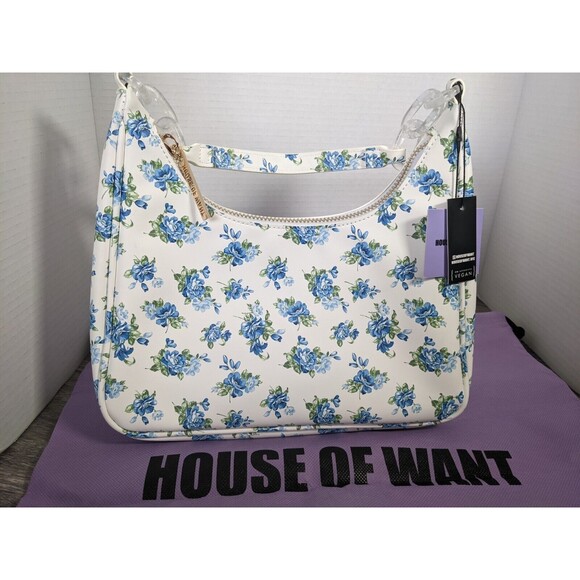 House of Want Handbags - House Of Want Newbie Hobo Shoulder Bag White Blue Floral Vegan Leather NWT